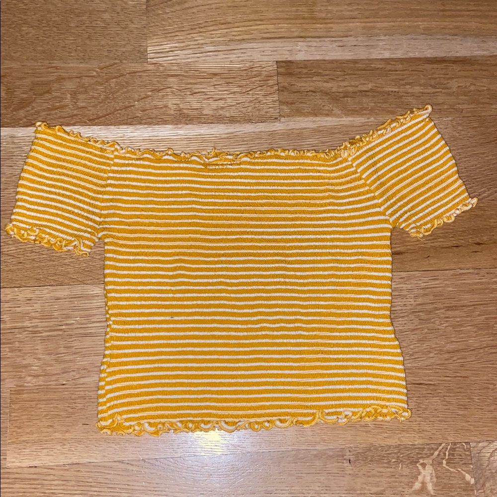 Smocked Ruched Off Shoulder Striped Crop Top Lettuce Edges Ruching Smocking
